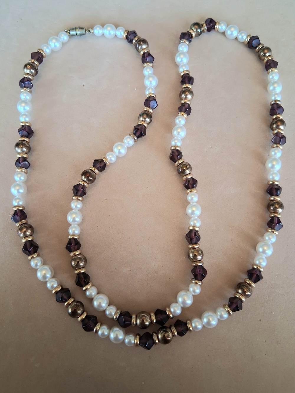 Pearl and Gold Bead Necklace with Dark Brown Accent